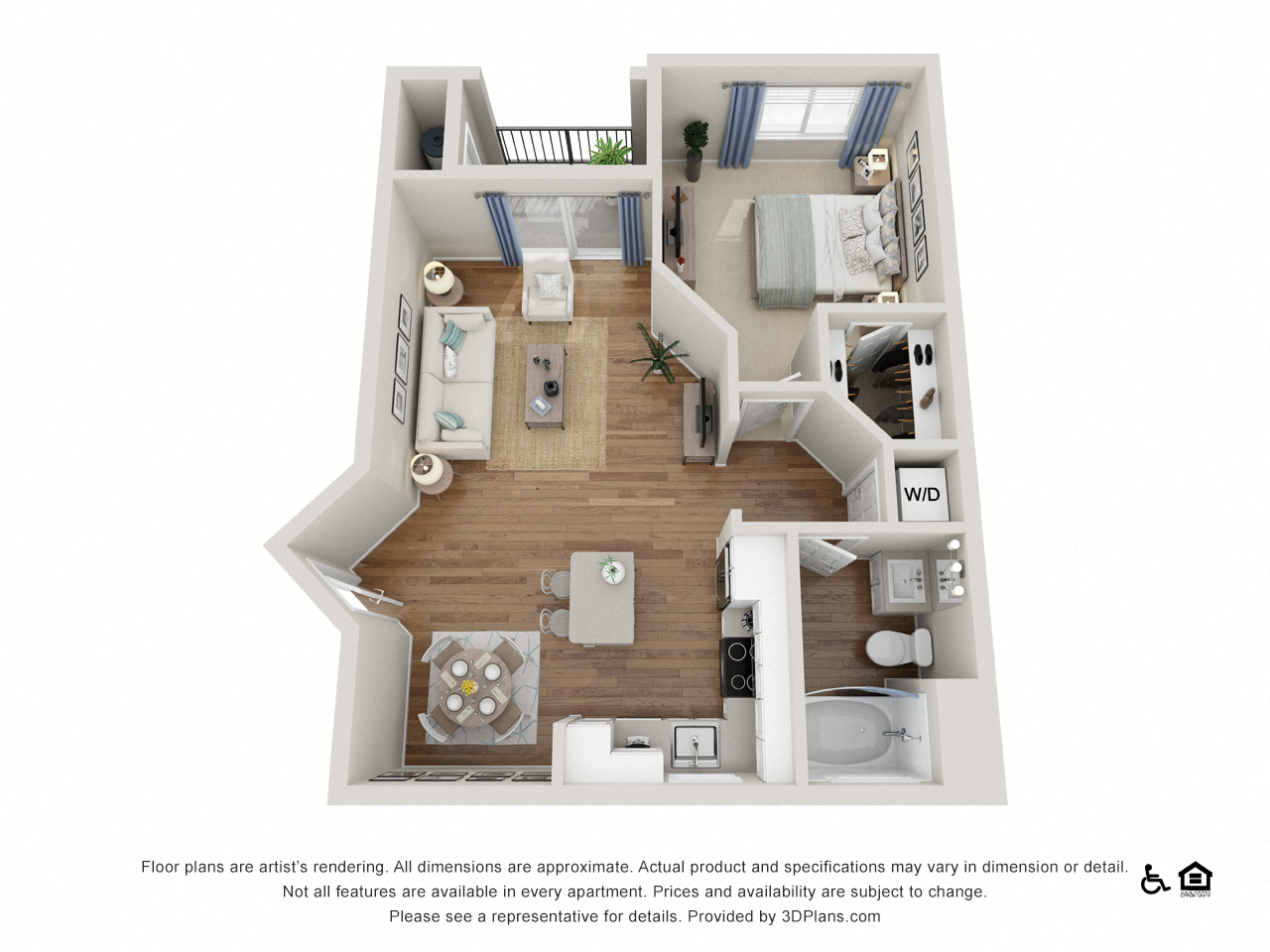 Floor plan for 1 bed, 1 bath, 724 sqft